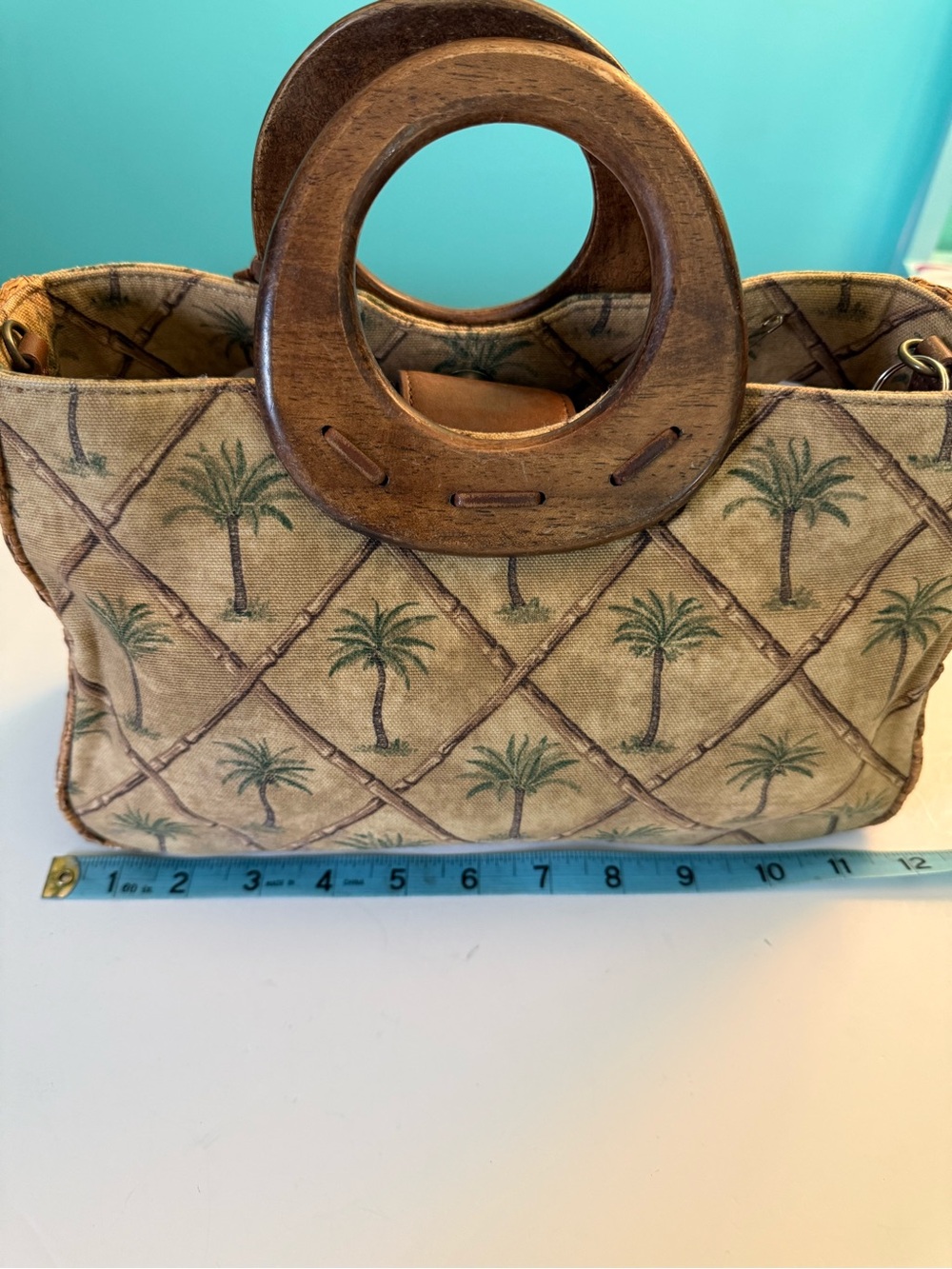 Vintage Fossil Tropical Palm-tree Print Canvass & Straw Bag w Wood Handles - Picture 13 of 15